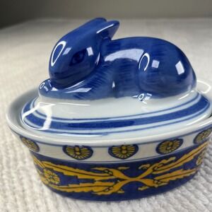 Blue and White Porcelain Rabbit Trinket Box Yellow Floral Ceramic Bunny Dish
